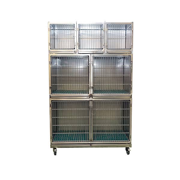 Ensemble 6 cages inox : 3A + 2B +1C porte grille inox + séparation + chassis à roulettes