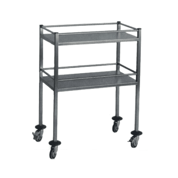 Guéridon inox sur 4 roues Hauteur 840 + 2 tablettes 500×500