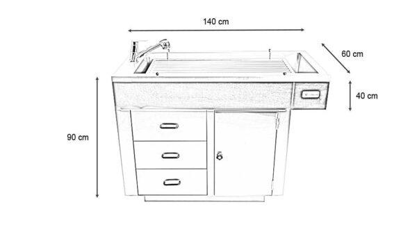 Table de préparation plateau barreaux 1 porte, 3 tiroirs et habillage