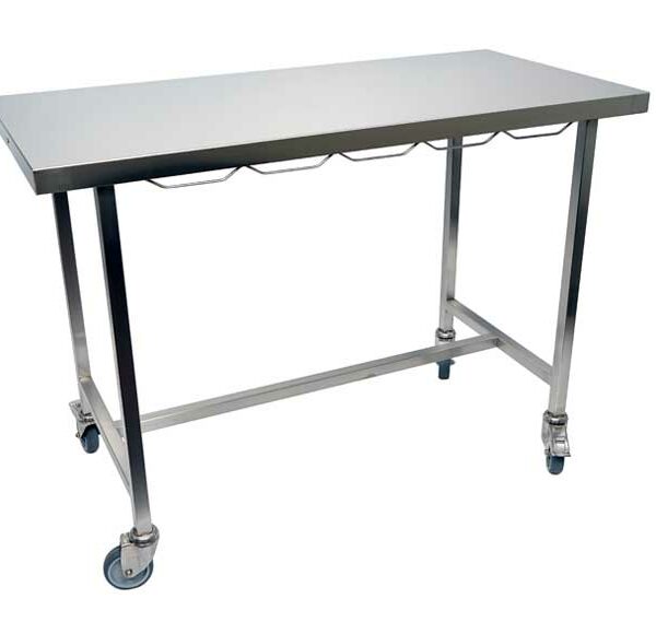 Stainless steel flat-top consultation table 4 castors Ø100 (2 with brakes)