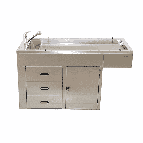 Table de préparation plateau barreaux 1 porte, 3 tiroirs et habillage