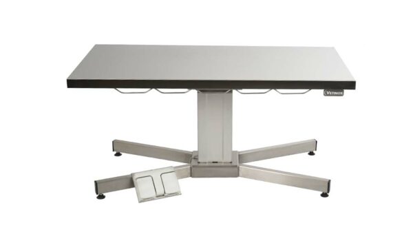 Table consultation pied X plateau plat inox, colonne électrique