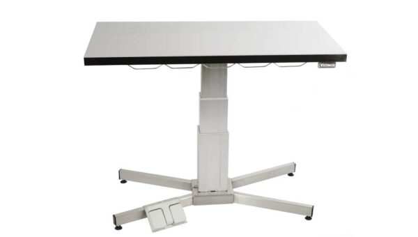 Table consultation pied X plateau plat inox, colonne électrique