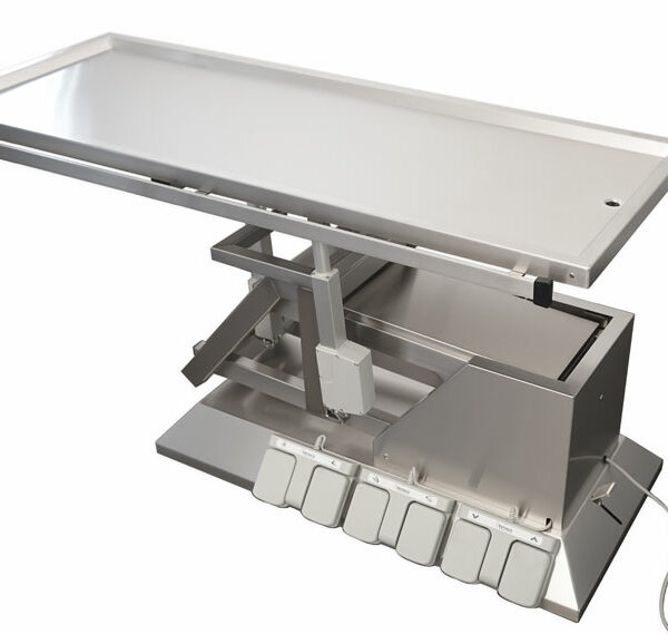 Table chirurgie avec inclinaison 3e sens, roues et plateau avec 1 évacuation
