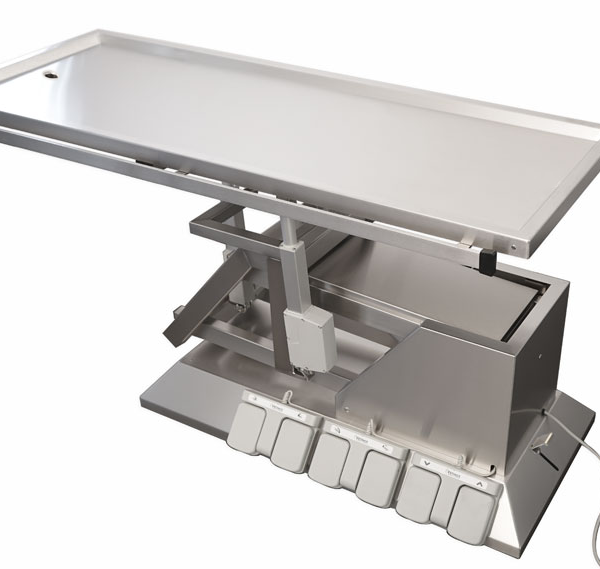 Surgery table with 3-way tilting, wheels and one evacuation tray