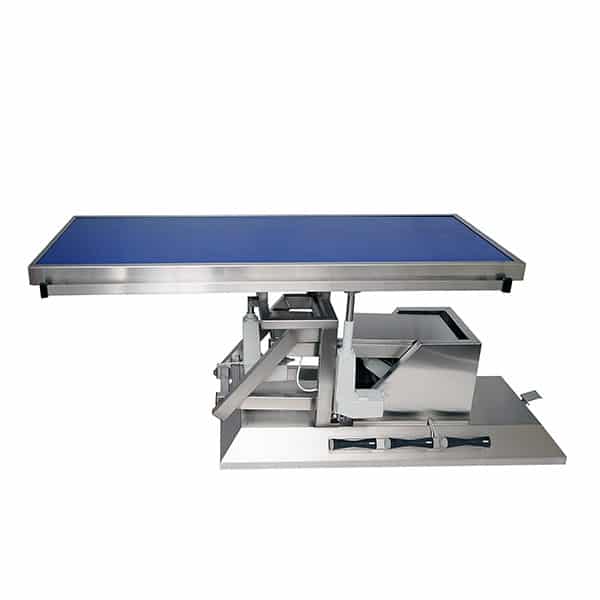 Surgery table with third direction tilt, wheels and flat radiology tabletop