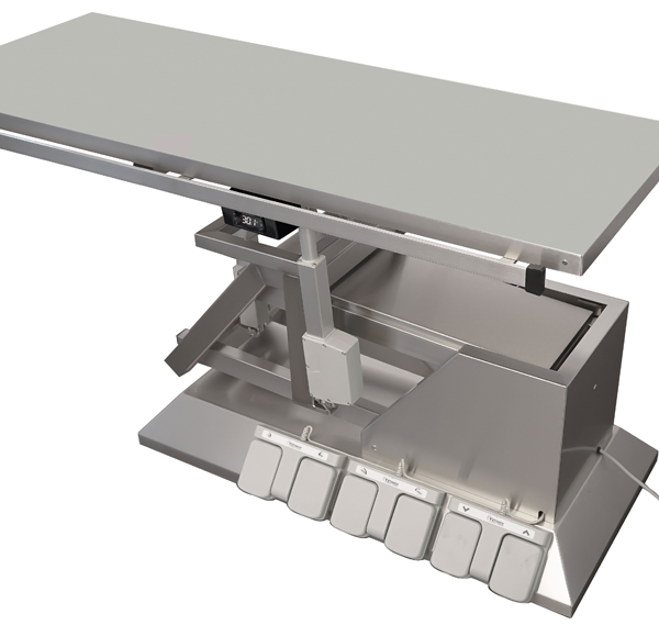 Surgery table with third direction tilt and flat warming top