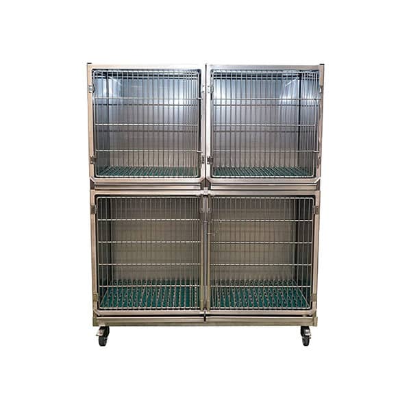 Set of 3 stainless steel cages on wheels with gratings and drawers on frame (1C + 2B)