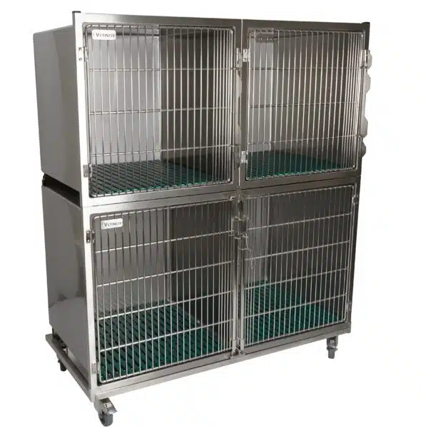 Set of 3 stainless steel cages with gratings on wheeled chassis (1C + 2B)