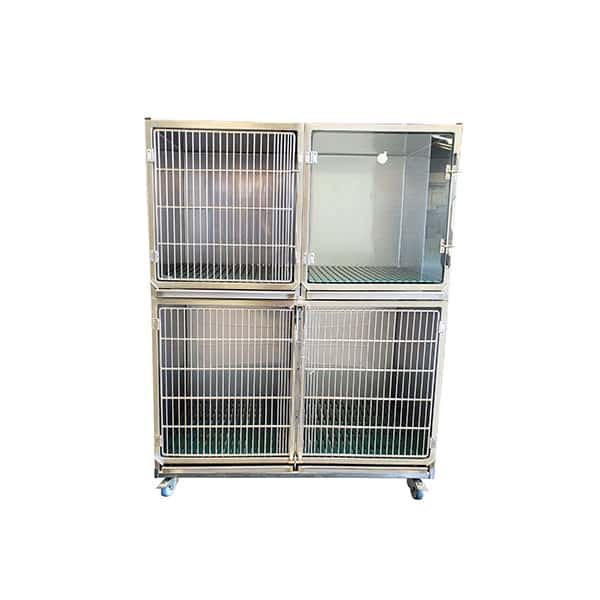 Ensemble 3 cages inox : 1C+1B porte grille inox +1B porte en verre trou O² + séparation + 1 châssis à roulettes