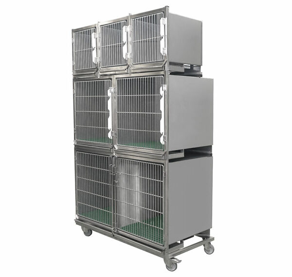Ensemble 6 cages inox : 3A + 2B +1C porte grille inox + séparation + châssis à roulettes