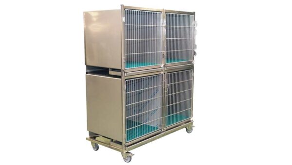 Ensemble 3 cages inox : 1C+2B porte grille inox + séparation + 1 chassis à roulettes