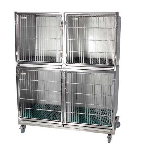 Set of 3 stainless steel cages on wheels with gratings and drawers on frame (1C + 2B)