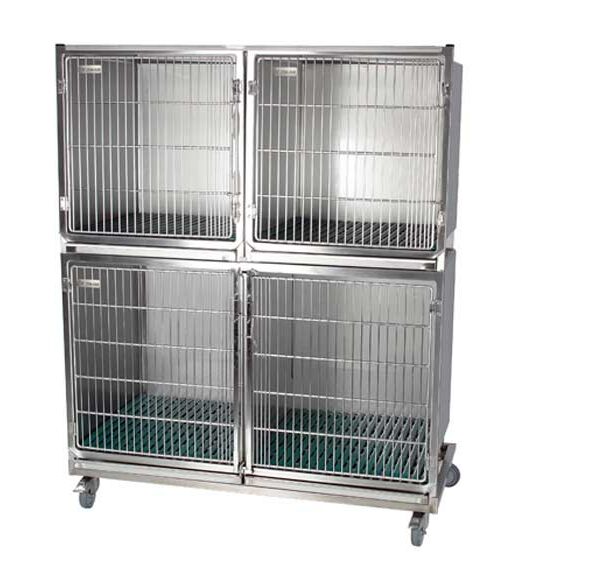 Ensemble 3 cages inox : 1C+2B porte grille inox + séparation + 1 chassis à roulettes