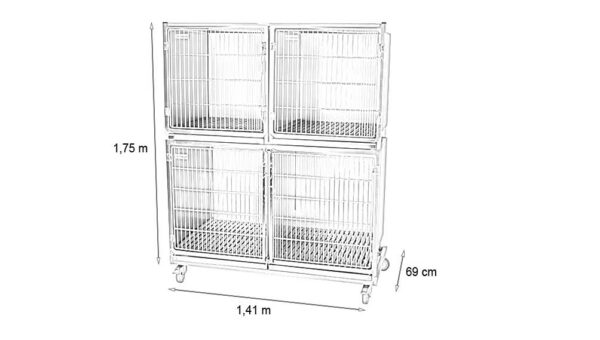 Ensemble 3 cages inox : 1C+2B porte grille inox + séparation + 1 chassis à roulettes