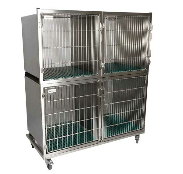 Set of 3 stainless steel cages with gratings on wheeled chassis (1C + 2B)