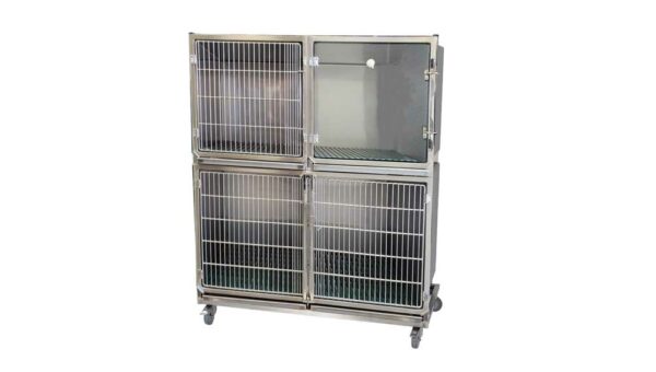 Set of 3 stainless steel cages: 1C+1B stainless steel grid door +1B glass door with O² hole + separation + 1 wheeled frame - Image 2