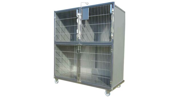 Ensemble 3 cages inox : 1C+2B porte grille inox + séparation +1 chassis à roulette – SANS TIROIRS & CAILLEBOTIS