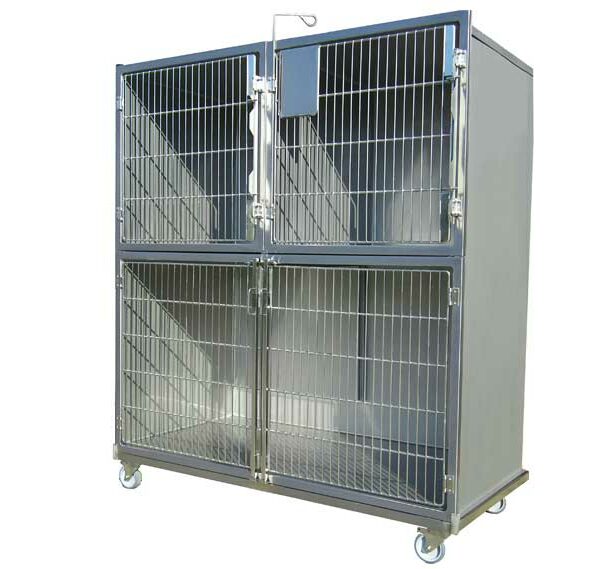 Ensemble 3 cages inox : 1C+2B porte grille inox + séparation +1 chassis à roulette