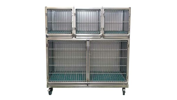 Ensemble 4 cages inox : 1C + 3A porte grille inox + séparation + 1 chassis à roulette