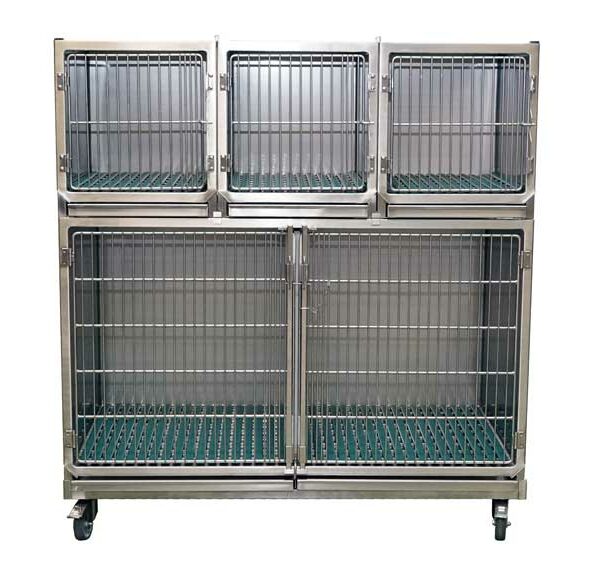 Ensemble 4 cages inox : 1C + 3A porte grille inox + séparation + 1 chassis à roulette