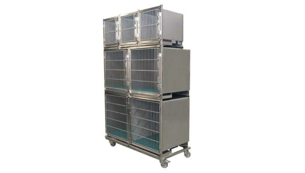 Ensemble 6 cages inox : 3A + 2B +1C porte grille inox + séparation + chassis à roulettes