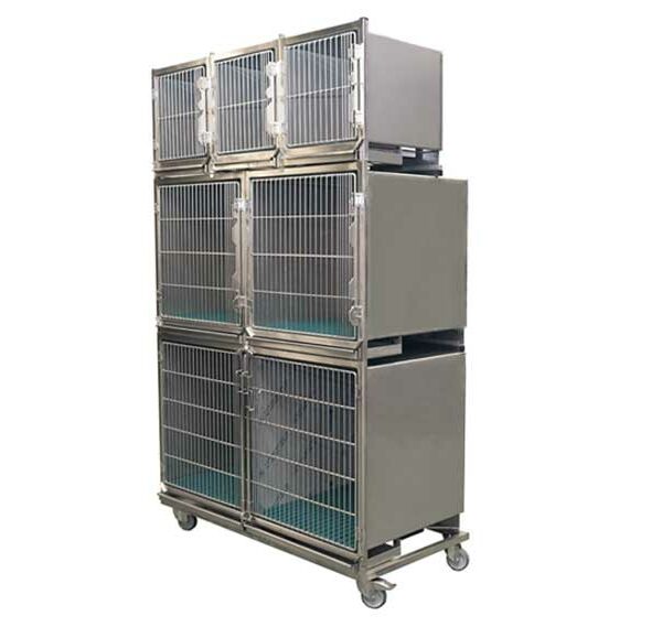 Ensemble 6 cages inox : 3A + 2B +1C porte grille inox + séparation + chassis à roulettes