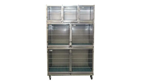 Ensemble 6 cages inox : 3A + 2B +1C porte grille inox + séparation + chassis à roulettes