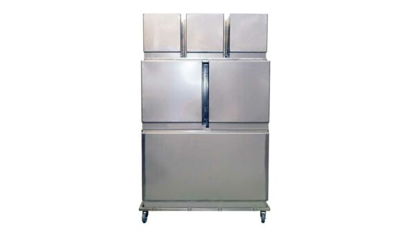 Ensemble 6 cages inox : 3A + 2B +1C porte grille inox + séparation + chassis à roulettes