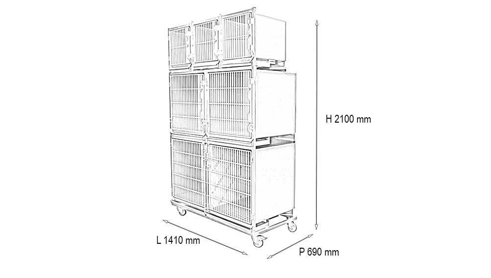 Ensemble 6 cages inox : 1C+2B+3A porte grille inox + séparation + chassis à roulettes