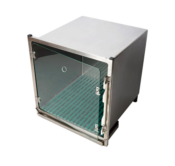 Cage en acier inoxydable – Format B – avec porte en verre et trou oxygène