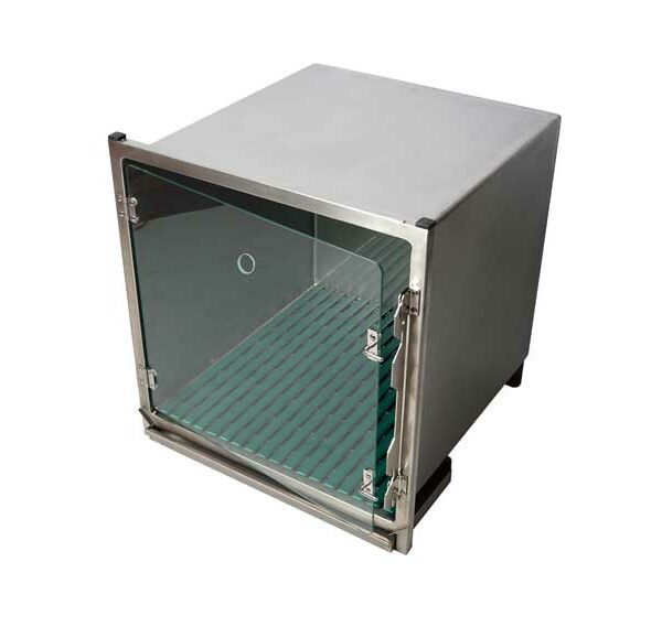 Cage en acier inoxydable – Format B – avec porte en verre et trou oxygène