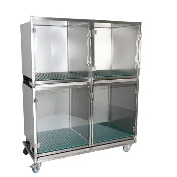 Ensemble 3 cages inox : 1C+2B porte verre + séparation + 1 chassis à roulettes