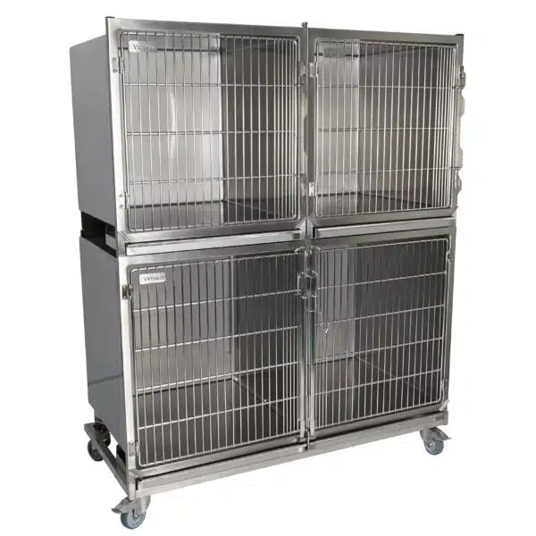 Ensemble 3 cages inox : 1C+2B porte grille inox + séparation + 1 chassis à roulettes – SANS CAILLEBOTIS