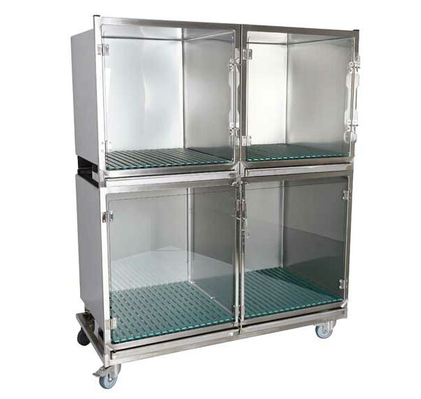 Ensemble 3 cages inox : 1C+2B porte verre + séparation + 1 chassis à roulettes