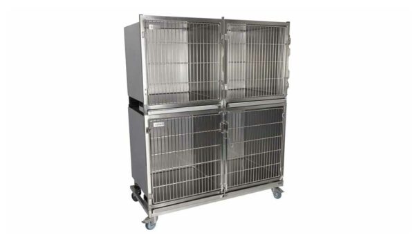 Ensemble 3 cages inox : 1C+2B porte grille inox + séparation + 1 chassis à roulettes – SANS CAILLEBOTIS