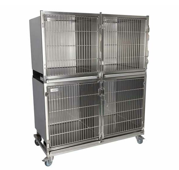 Ensemble 3 cages inox : 1C+2B porte grille inox + séparation + 1 chassis à roulettes – SANS CAILLEBOTIS