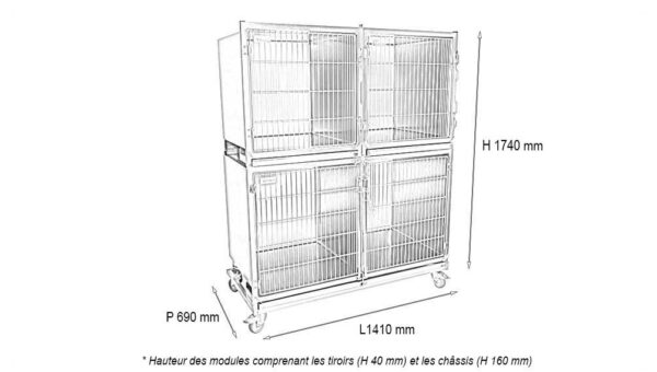 Ensemble 3 cages inox : 1C+2B porte grille inox + séparation + 1 chassis à roulettes - sans caillebotis – Image 2