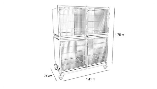 Ensemble 3 cages inox : 1C+2B porte grille inox + séparation + 1 chassis à roulettes – SANS CAILLEBOTIS