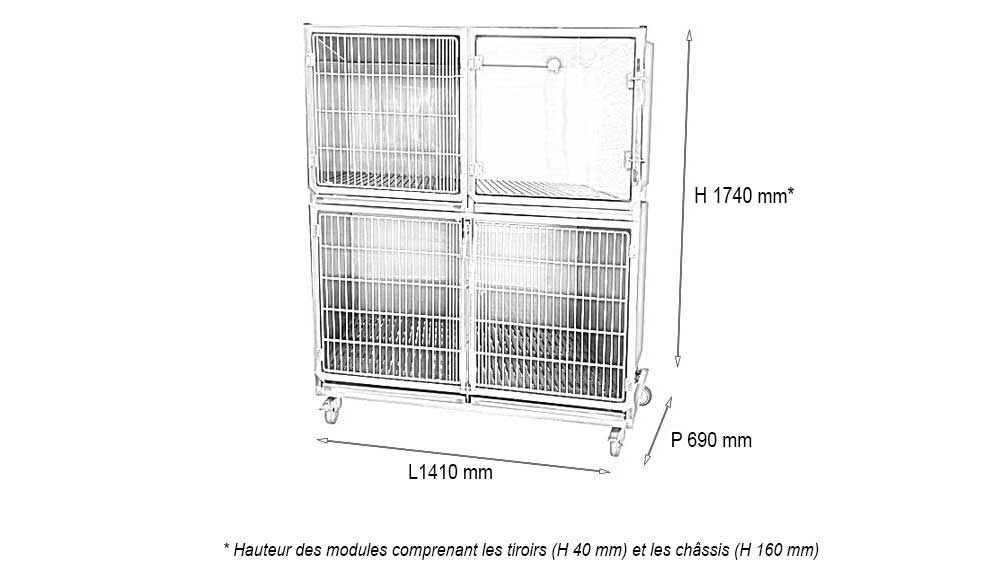 Juego de 3 jaulas de acero inoxidable: 1C+1B puerta de rejilla de acero inoxidable +1B puerta de cristal con orificio O² + separación + 1 chasis con ruedas - Imagen 3