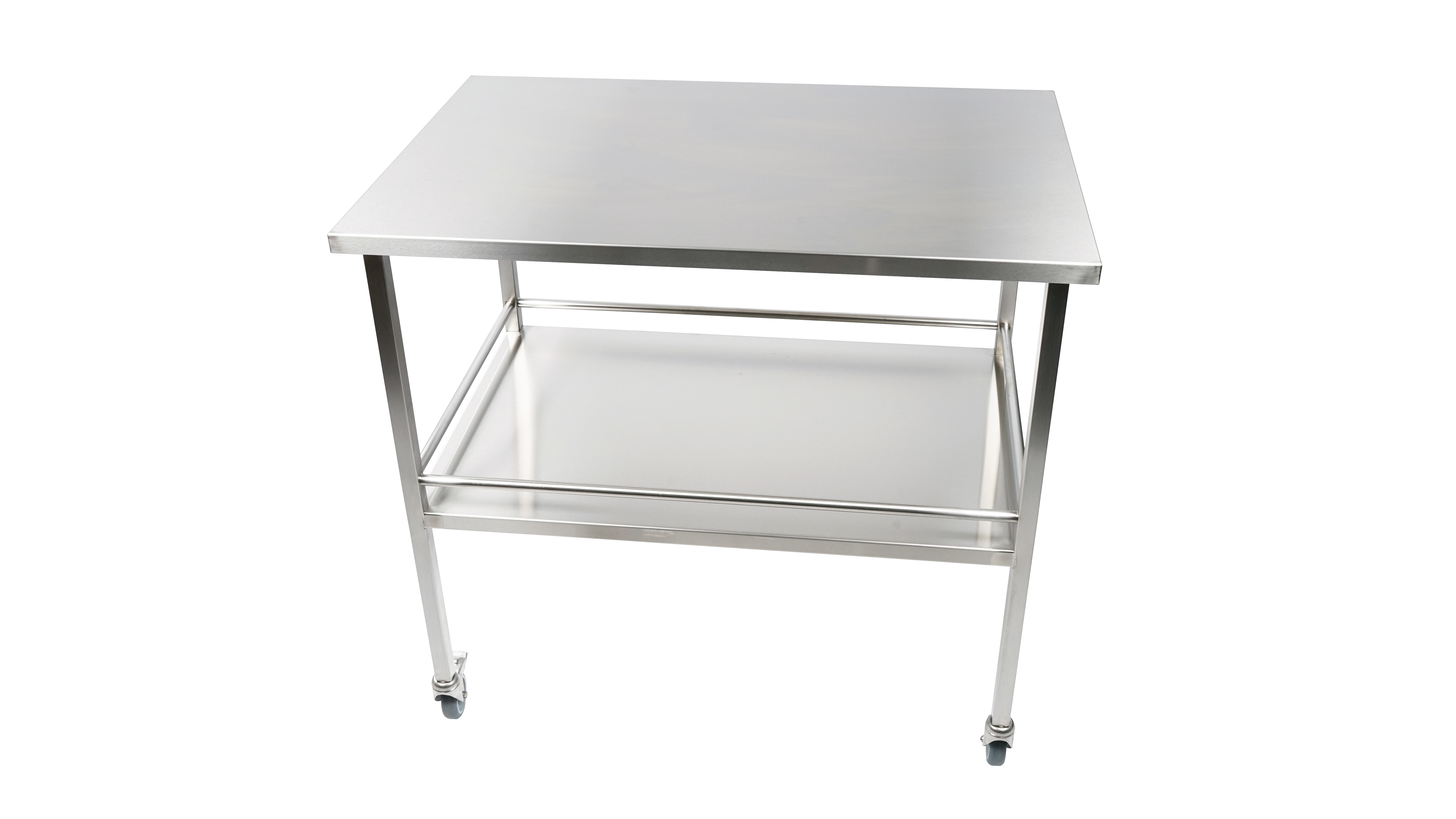 Guéridon Inox sur 4 roues Hauteur 840 + 2 plateaux 600×900