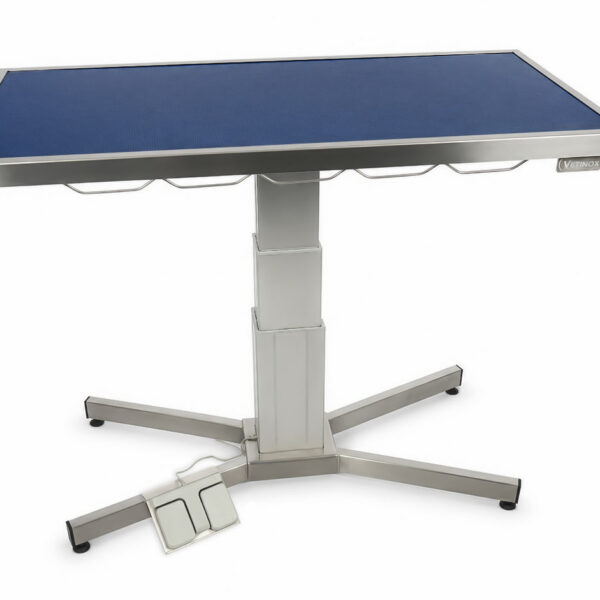 Consultation table with X-shaped base, carpet-covered top, and frame.