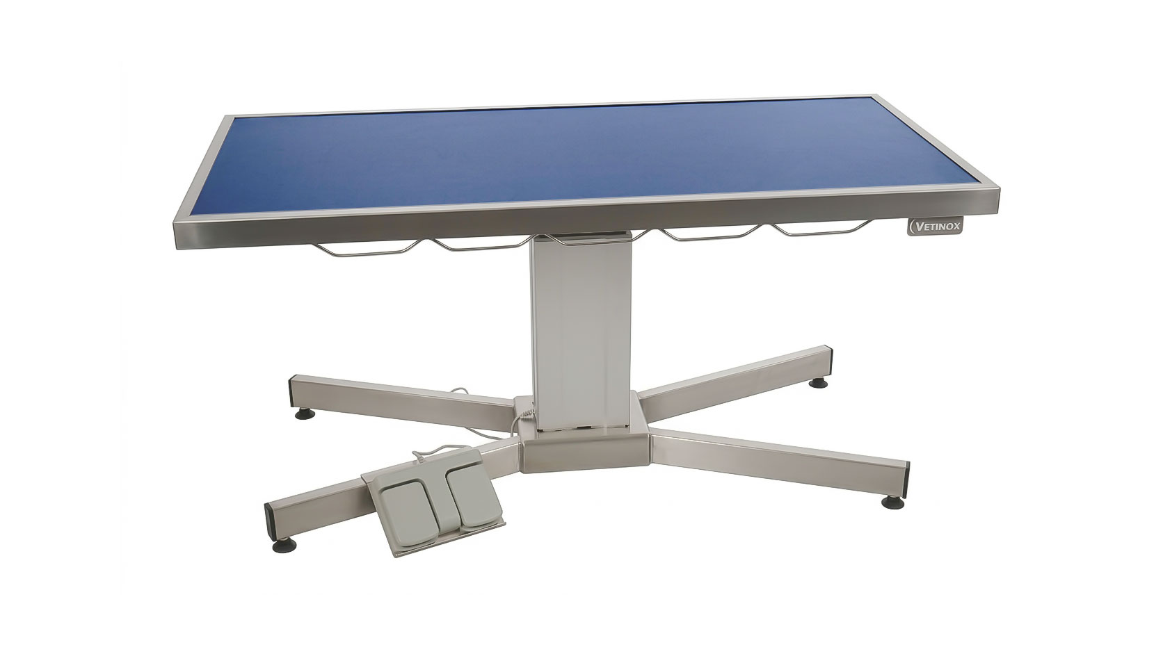 _TA600000_Table_de_consultation_piedX_plateau_plat_inox_colonne_electrique_tapis_bleu