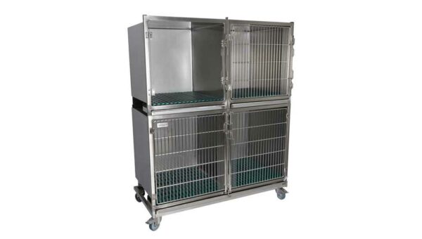 Ensemble 3 cages inox 1C+1B porte grille inox +1B porte en verre + séparation + 1 châssis à roulettes