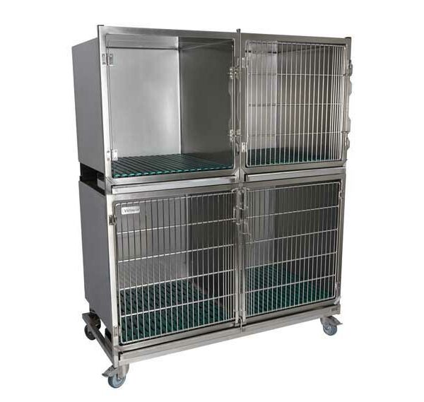 Ensemble de 3 cages inox avec porte grille, 1 porte en verre, sur châssis à roulettes