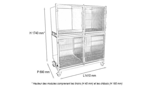 Ensemble de 3 cages inox avec porte grille, 1 porte en verre, sur châssis à roulettes – Image 2