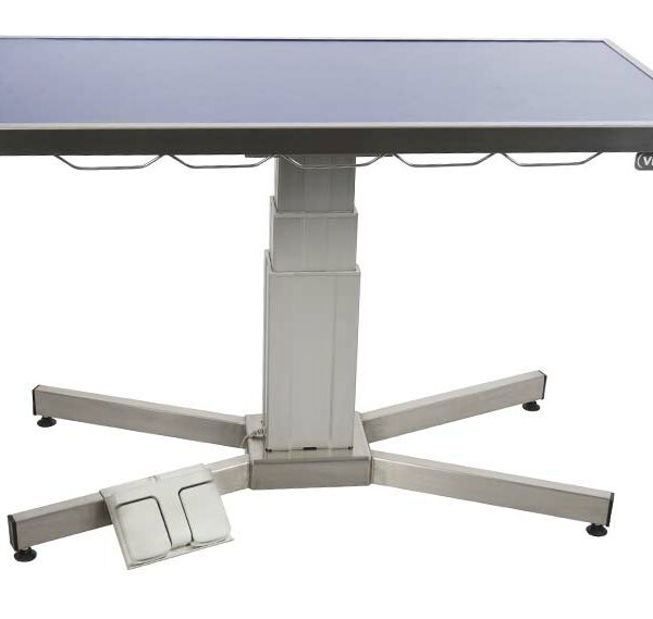 Consultation table with X-shaped base, carpet-covered top, and frame.