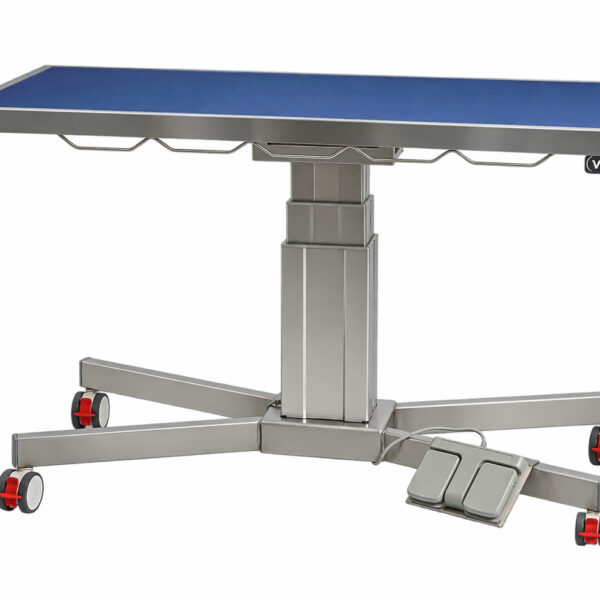 Table consultation pied X, plateau avec tapis et cadre, 4 roues, colonne électrique