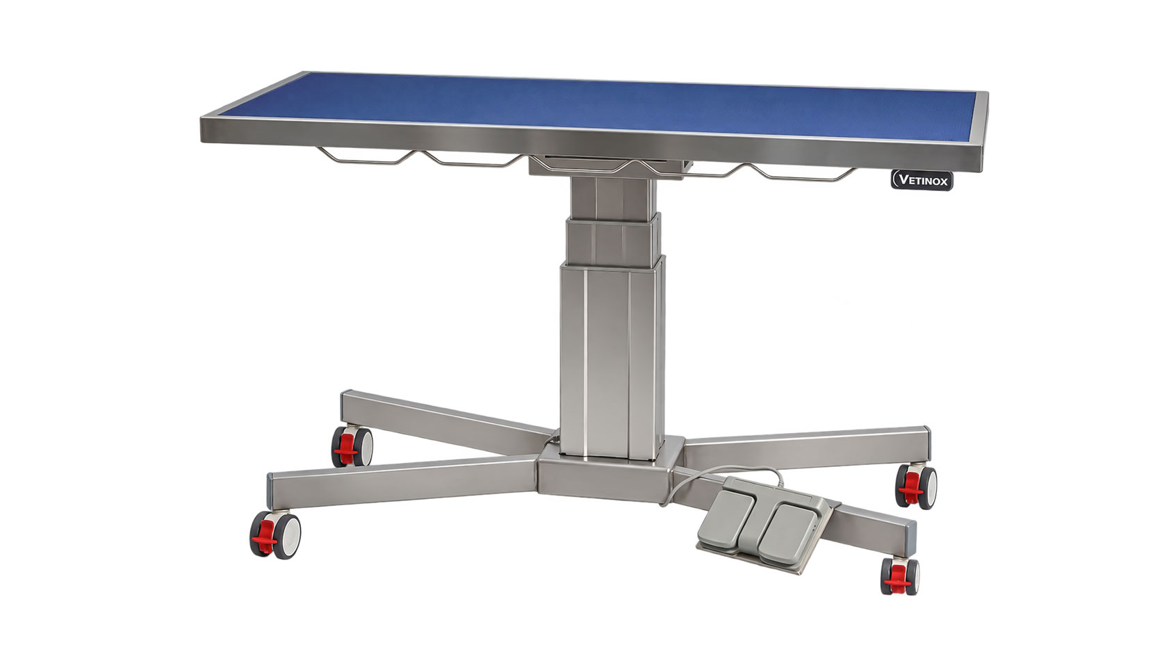 VETINOX_TA600000_Table_consultation_piedX_plateau_Tapis_bleu_et_cadre_colonne_electrique