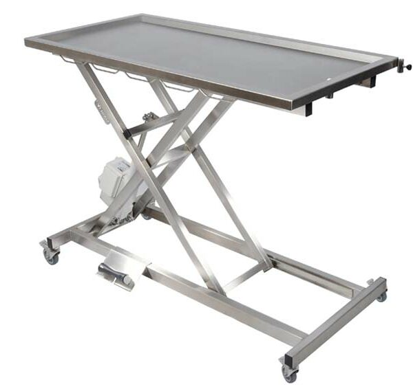Electrical surgical table with one drain outlet with four castors of which 2 with lock mechanism (1250×600)